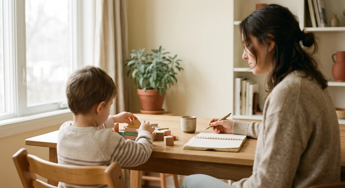 A child playing with blocks while a parent takes notes nearby