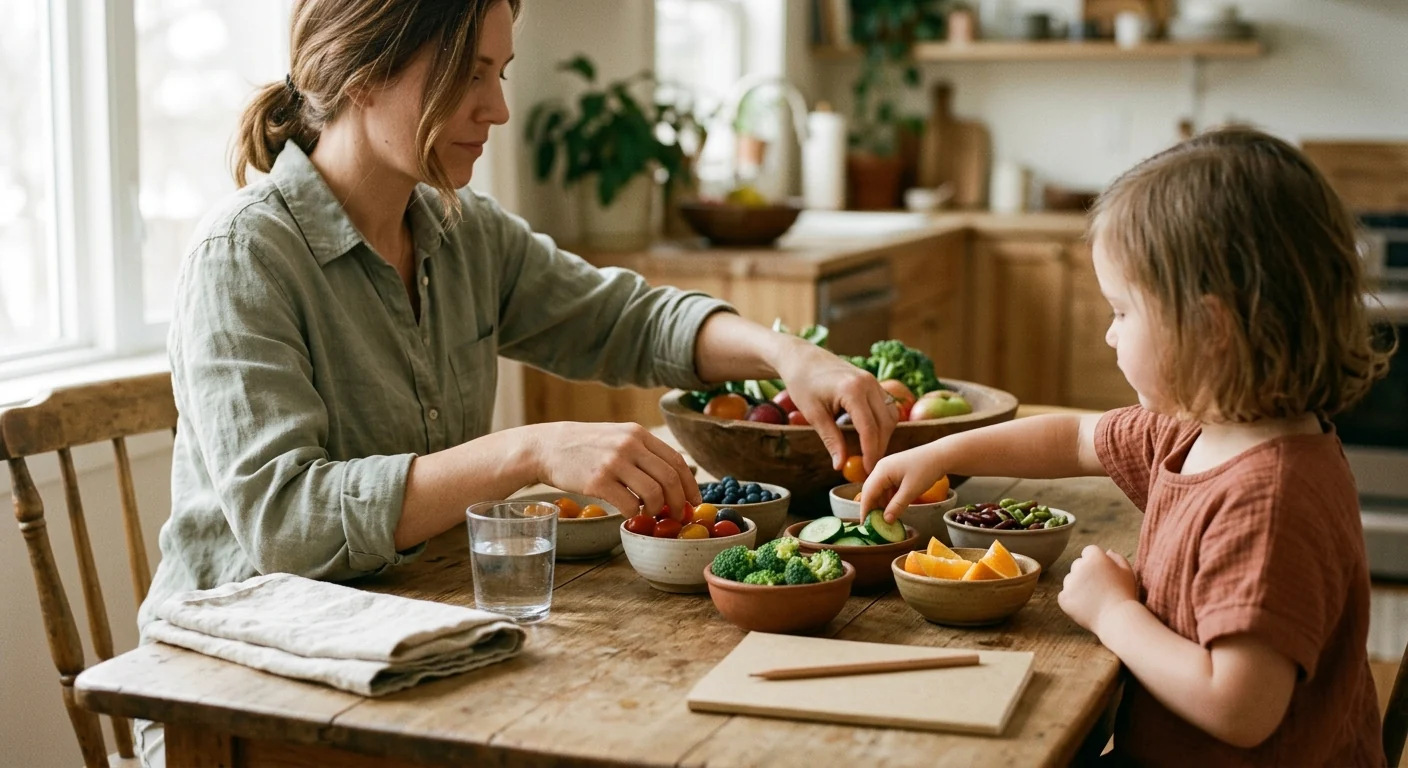 A parent and child sorting colorful whole foods at a warm kitchen table