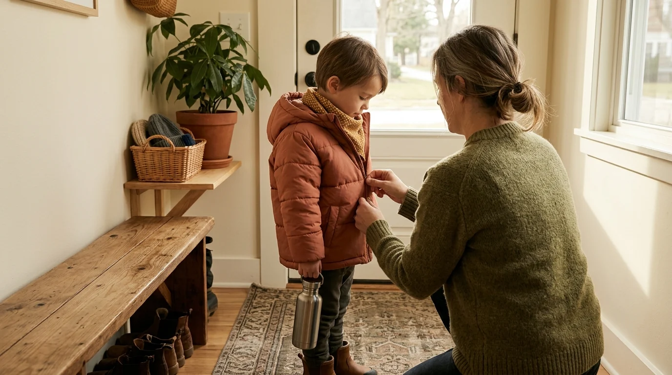 A parent helping a child get ready for a walk in a warm home entryway