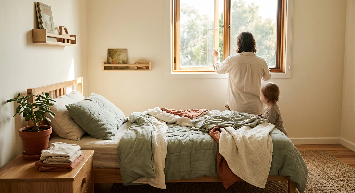 A parent opening a bedroom window while a child sits nearby