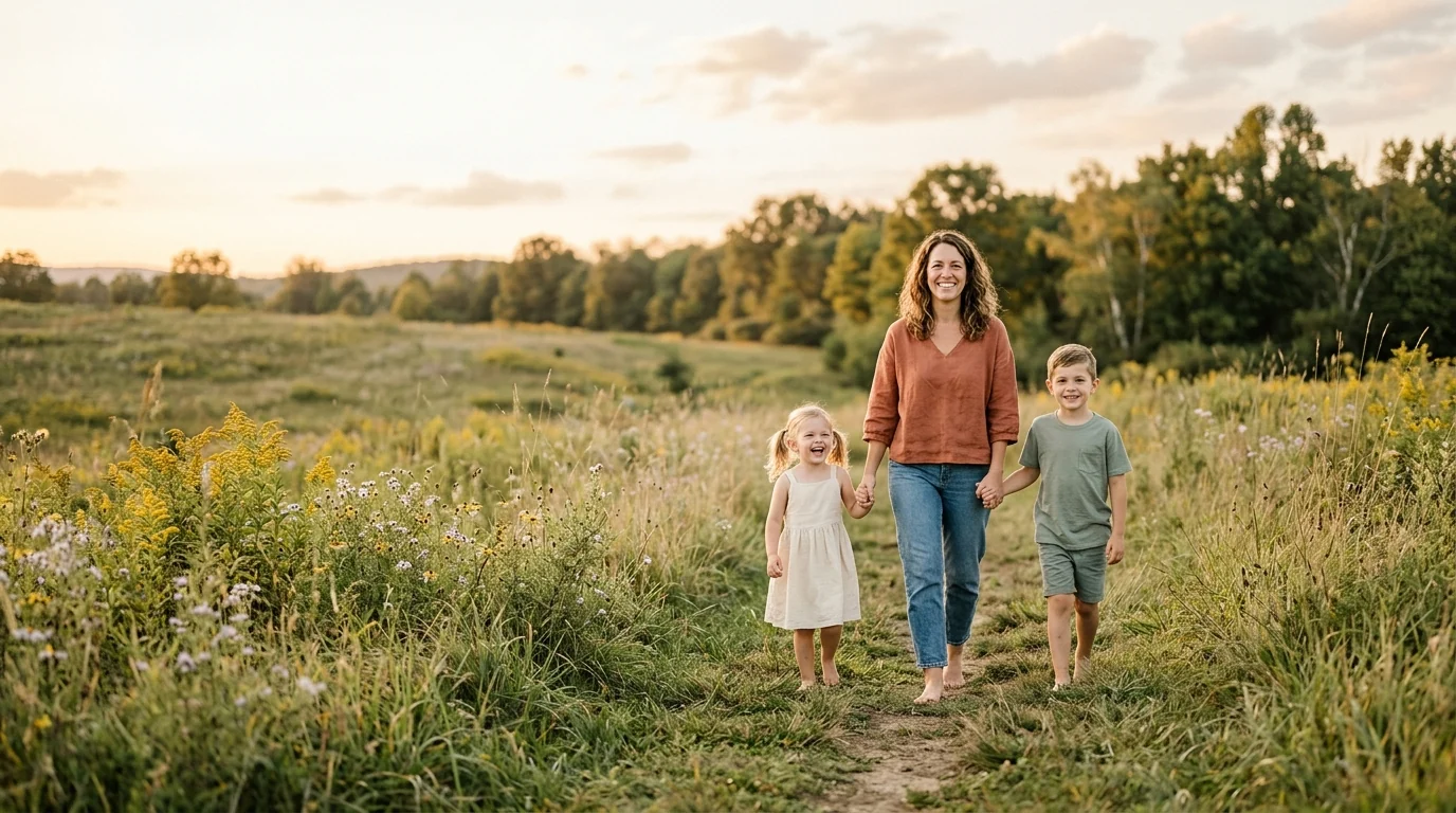 Children walking through a sunlit meadow toward a parent at golden hour